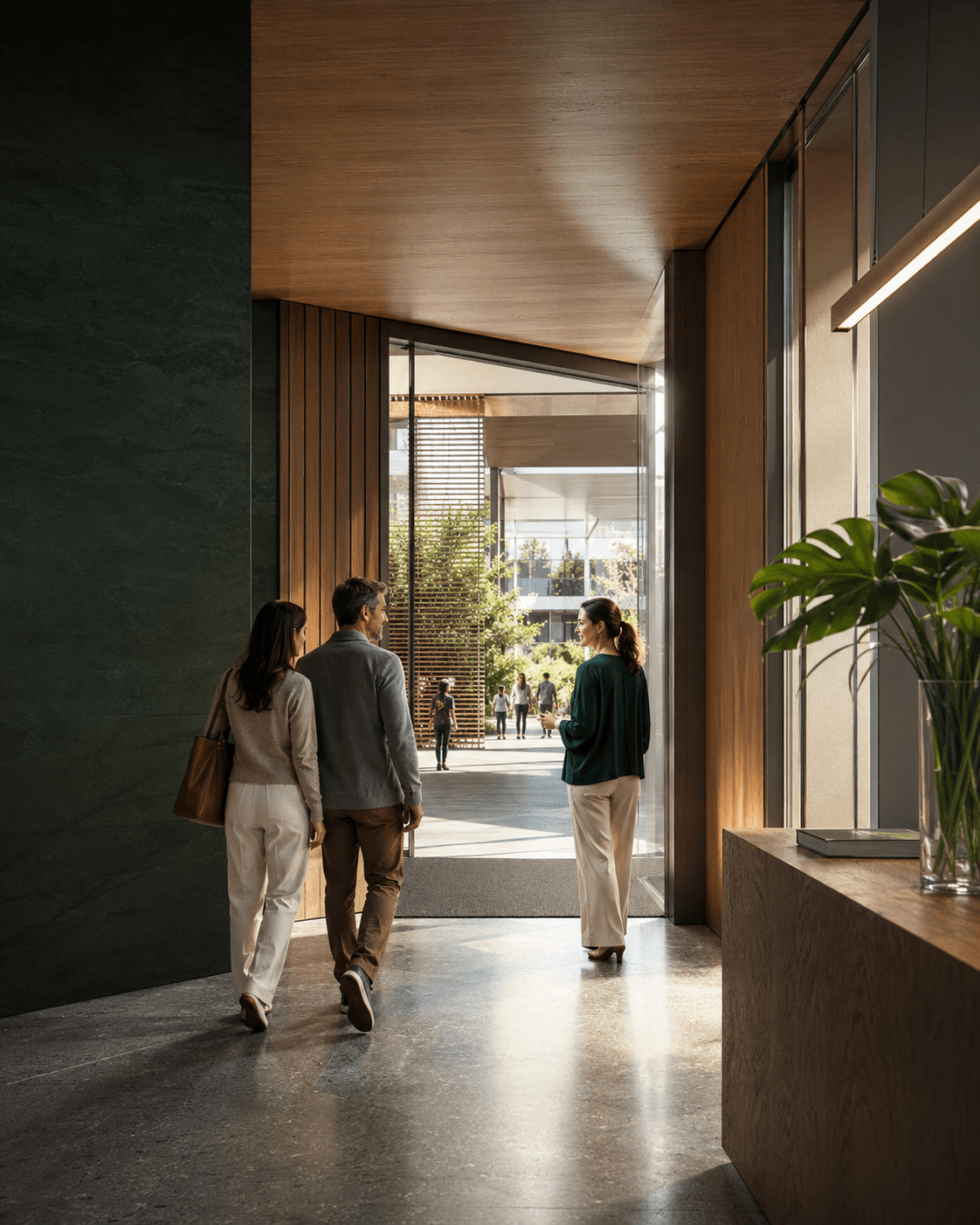 Casal sendo recebido por uma profissional em um hall que se abre para o pátio de um campus