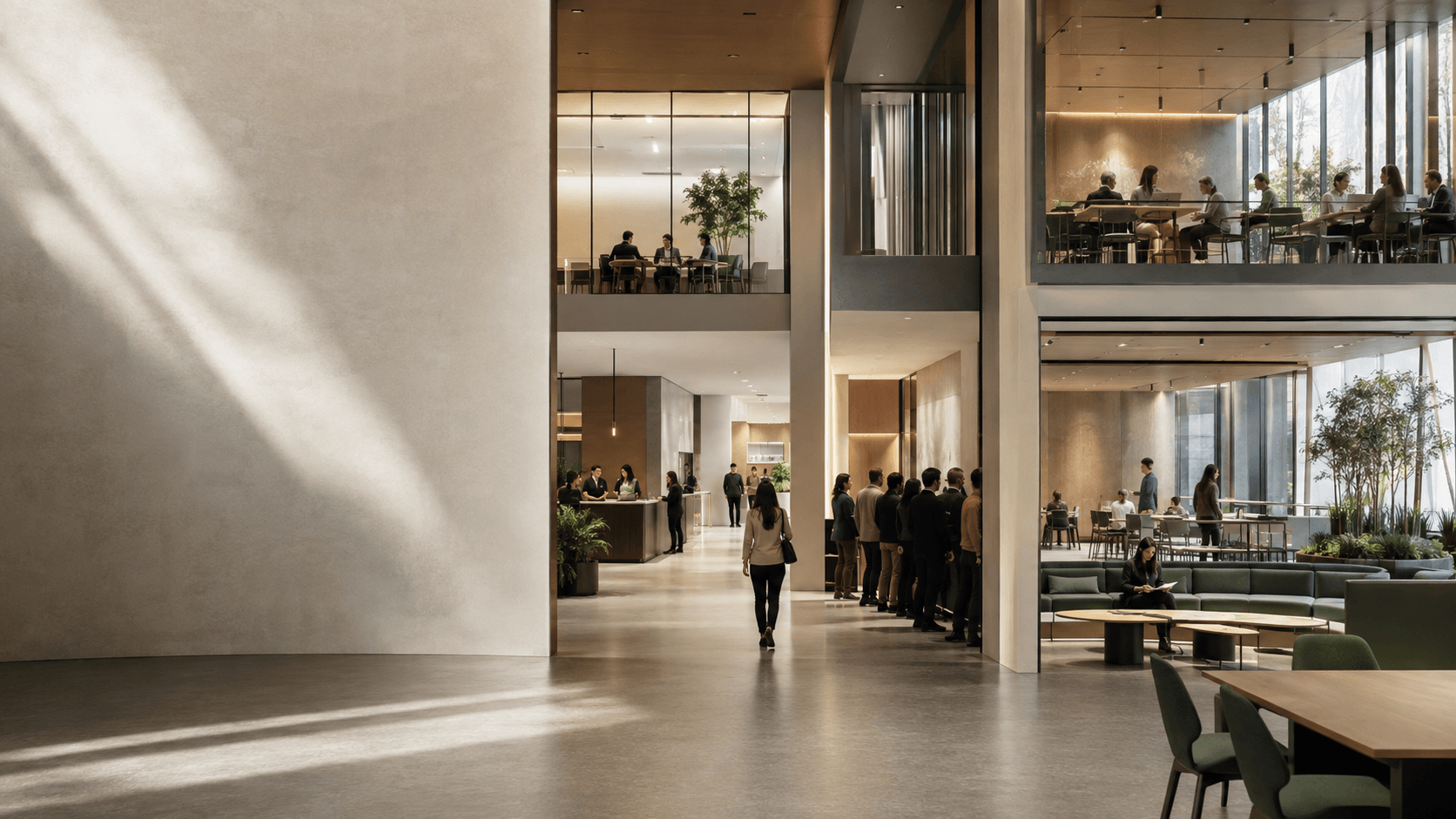Edifício corporativo com várias áreas de atendimento e trabalho visíveis ao mesmo tempo