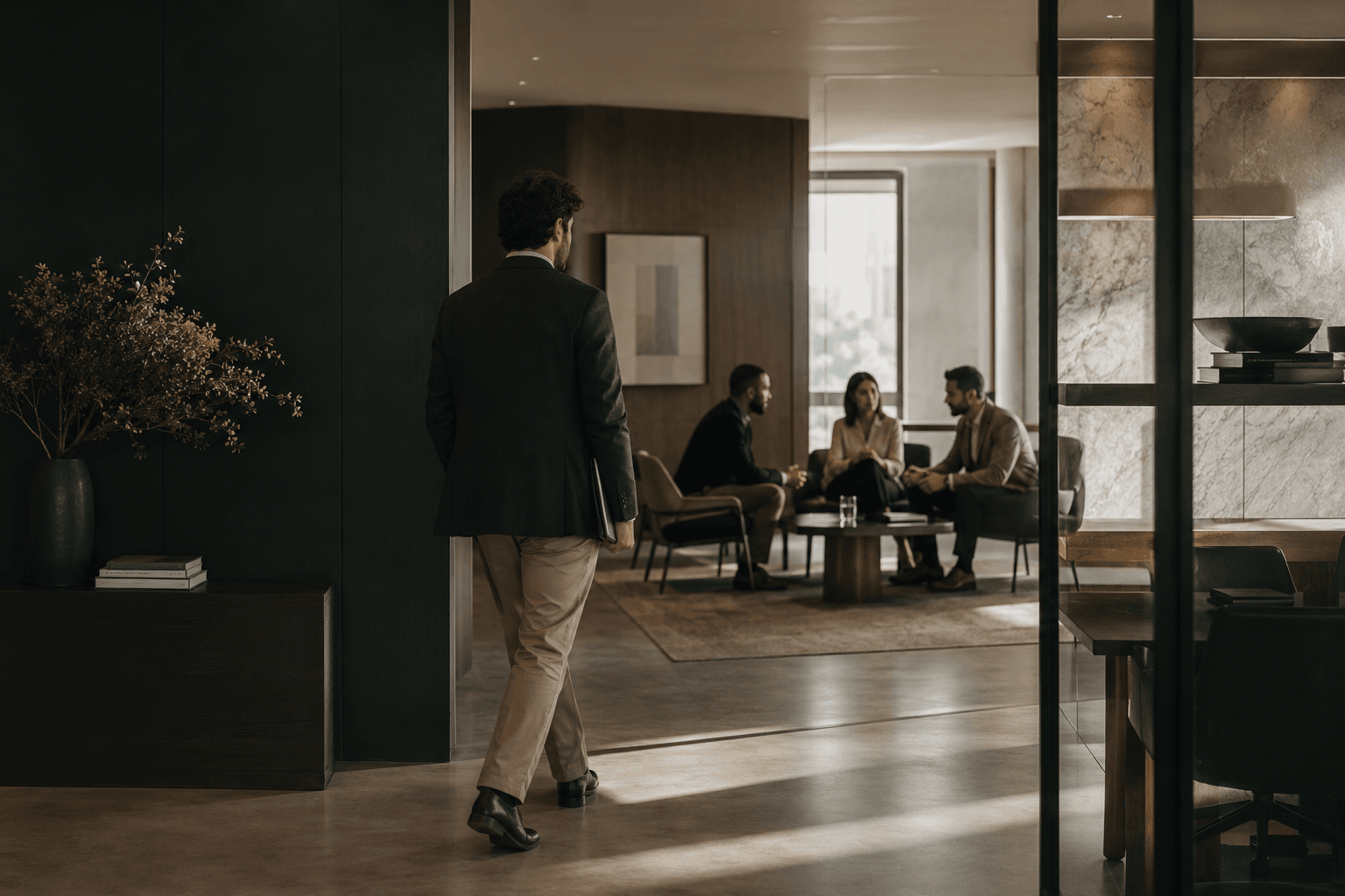 Consultor entrando em uma sala onde três profissionais conversam sentados