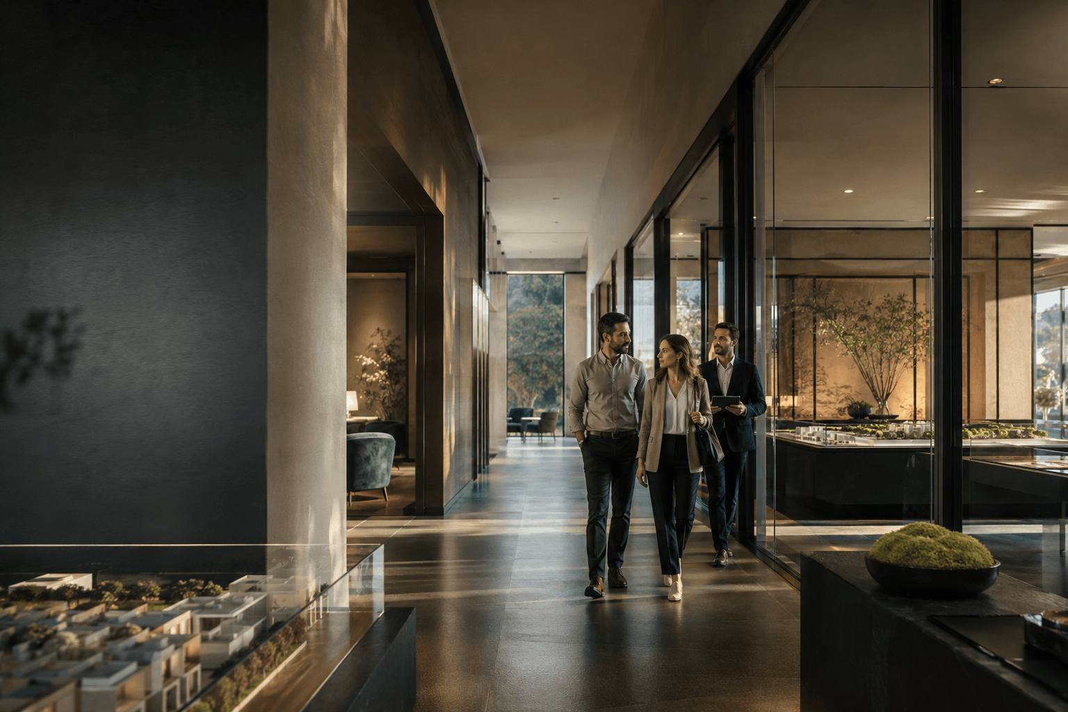 Casal acompanhado por um corretor em uma galeria de vendas com maquetes de empreendimentos